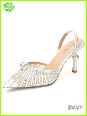 Slingback Kitten Heels Pointed Toe Pearl Rhinestone Pumps Stiletto Bridal Heels